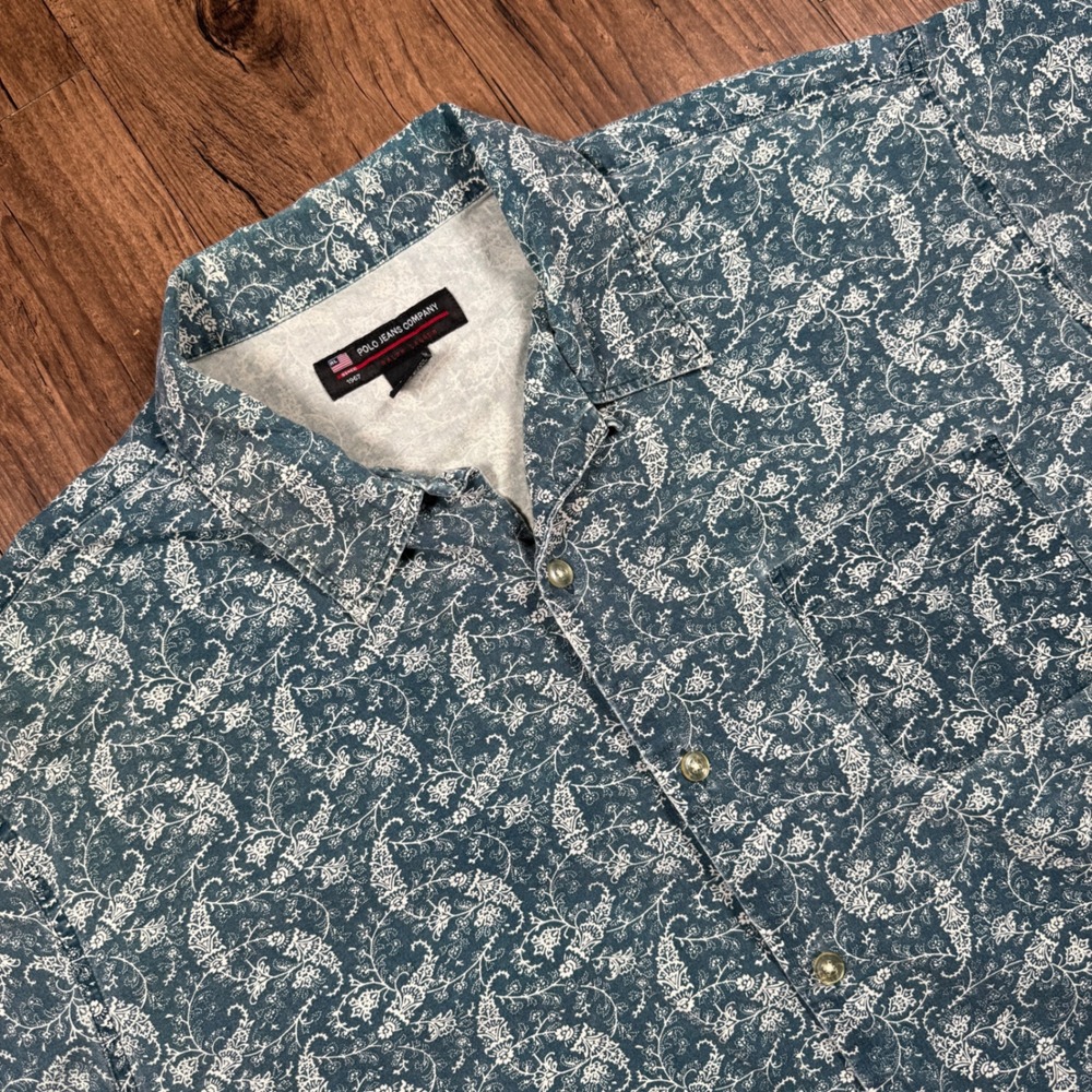 Vtg Polo Jeans Co Ralph Lauren Camp Shirt Mens XL Blue Coral Paisley Floral Loop